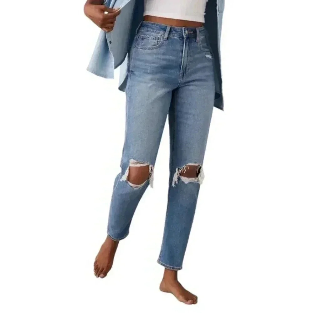 American Eagle Mom Jeans Ripped Distressed Blue High Waist Size 4